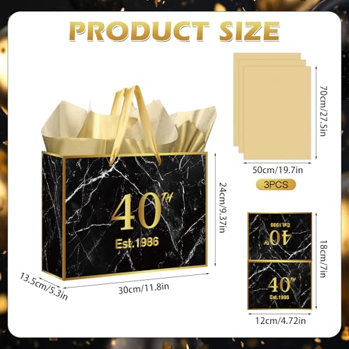 Yoirrat Black Gold 40th Birthday Gift Bag with Tissue Paper and Card