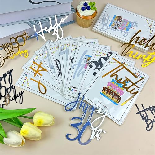 30th Birthday Cake Topper Set - 24 PCS, 8 Styles in Gold, Black & Silver