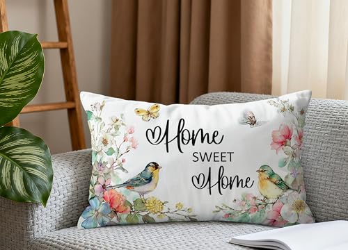 Home Sweet Home Floral Bird Lumbar Pillow Covers - Set of 2, 12x20 Inch