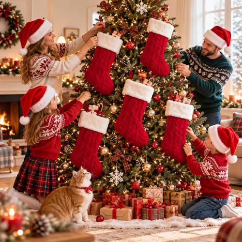 Red Knitted Christmas Stocking Set - White & Red Festive Holiday Decor