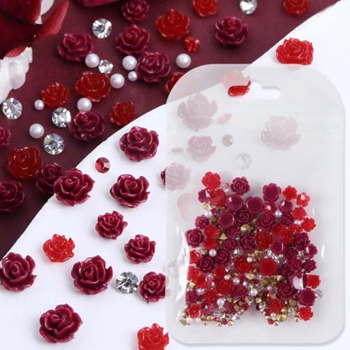 50Pcs Red Rose Nail Charms with Pearls, Valentine Resin Rhinestones