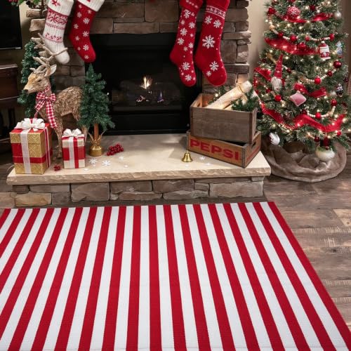 Christmas Outdoor Mat 4x6 ft Red and White Striped Rug Front Porch Decor - Layered Welcome Doormat