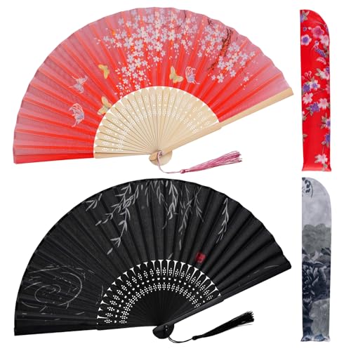 Jmkcoz 2-Pack Handheld Folding Fans - Silk Bamboo Floral with Tassel (Black & Red)