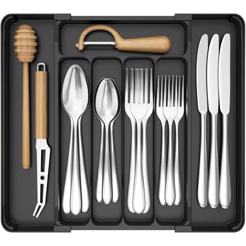Lifewit Black Expandable Silverware Organizer for Drawer, Medium Slim (8.1-13.9 inch)