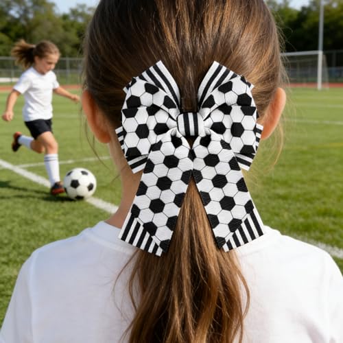 2Pcs Soccer Ball Bow Hair Clips - Black and White Football Hair Accessories