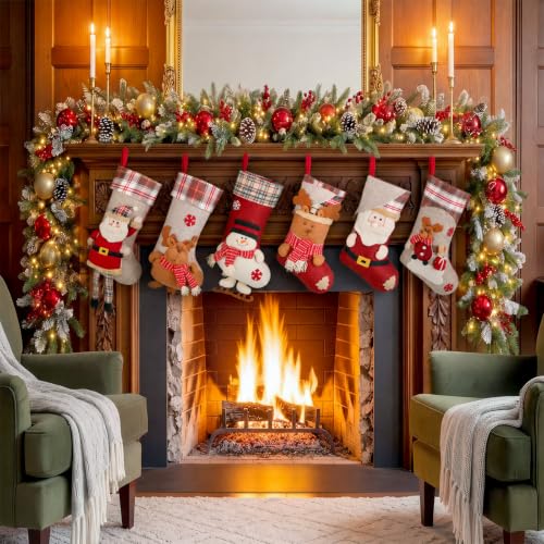 12 Pcs 18 Inch Christmas Stockings Set - Santa Snowman Reindeer Classic Variation