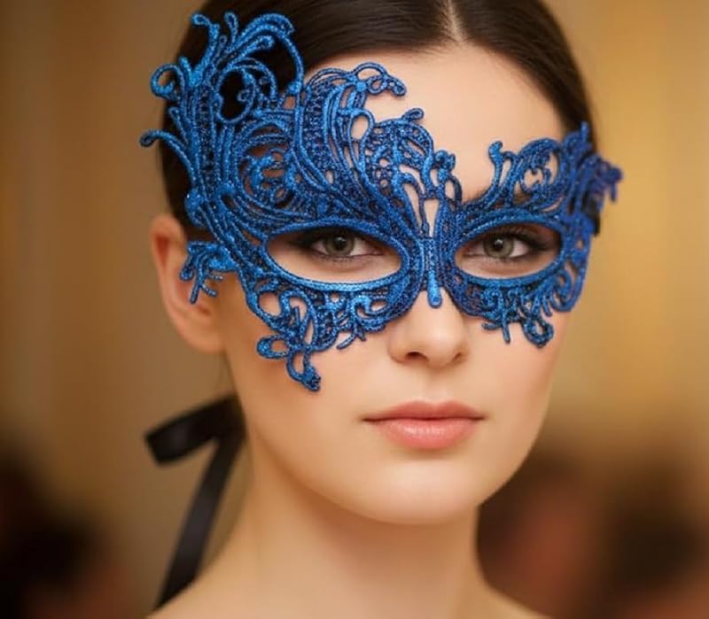 Sexy Lace Masquerade Eye Mask - Blue Floral Lace Carnival Cosplay Accessory