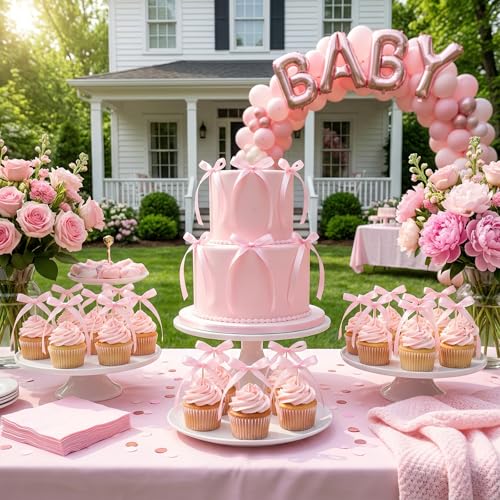 36 PCS Pink Bow Cake Toppers, Coquette Style Ribbon Cupcake Decorations