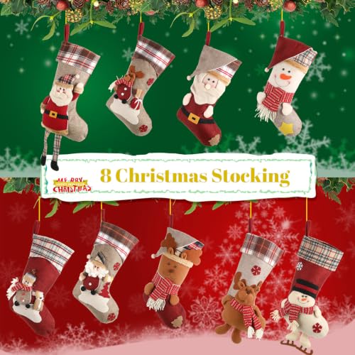 12 Pcs 18 Inch Christmas Stockings Set - Santa Snowman Reindeer Classic Variation