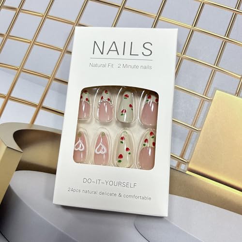 Long Almond Press on Nails Strawberry Pearl Design Glossy Fake Nails 24Pcs