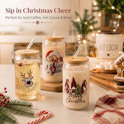 Christmas Glass Tumblers with Lids & Straws - Buffalo Plaid Truck Variation, 16 oz