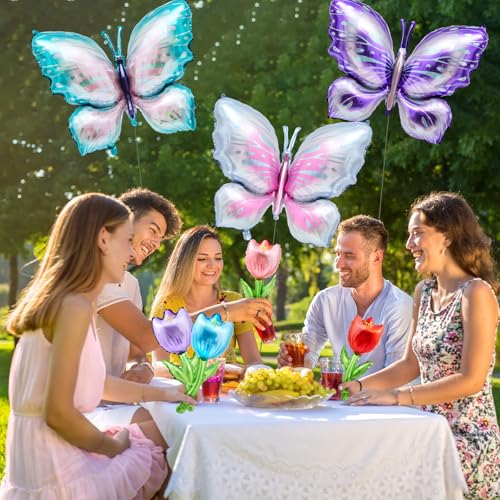 Jenaai 10-Piece Butterfly and Tulip Foil Balloon Set for Party Decor