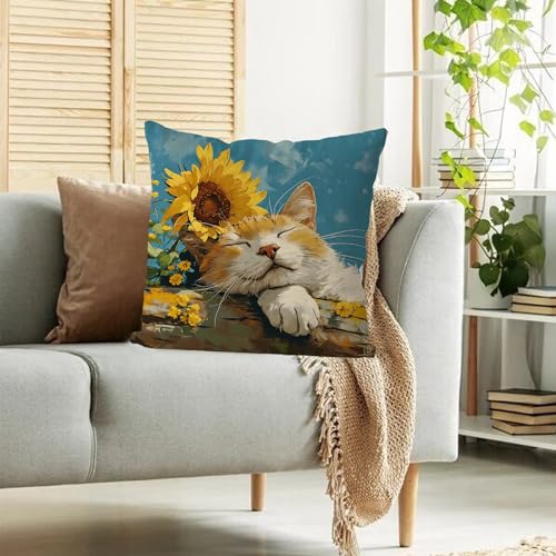 GAGEC 18x18 Inch Orange Cat Sunflowers Pillow Cover - Spring Decor