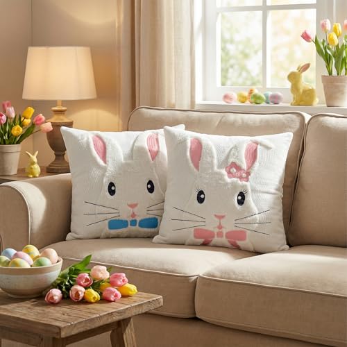 Easter Throw Pillow Covers 18x18 - Set of 2 Bunny Design