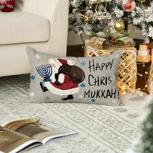 Happy Chrismukkah Gnomes Hanukkah Throw Pillow Cover 12x20 Inch Sofa Decor