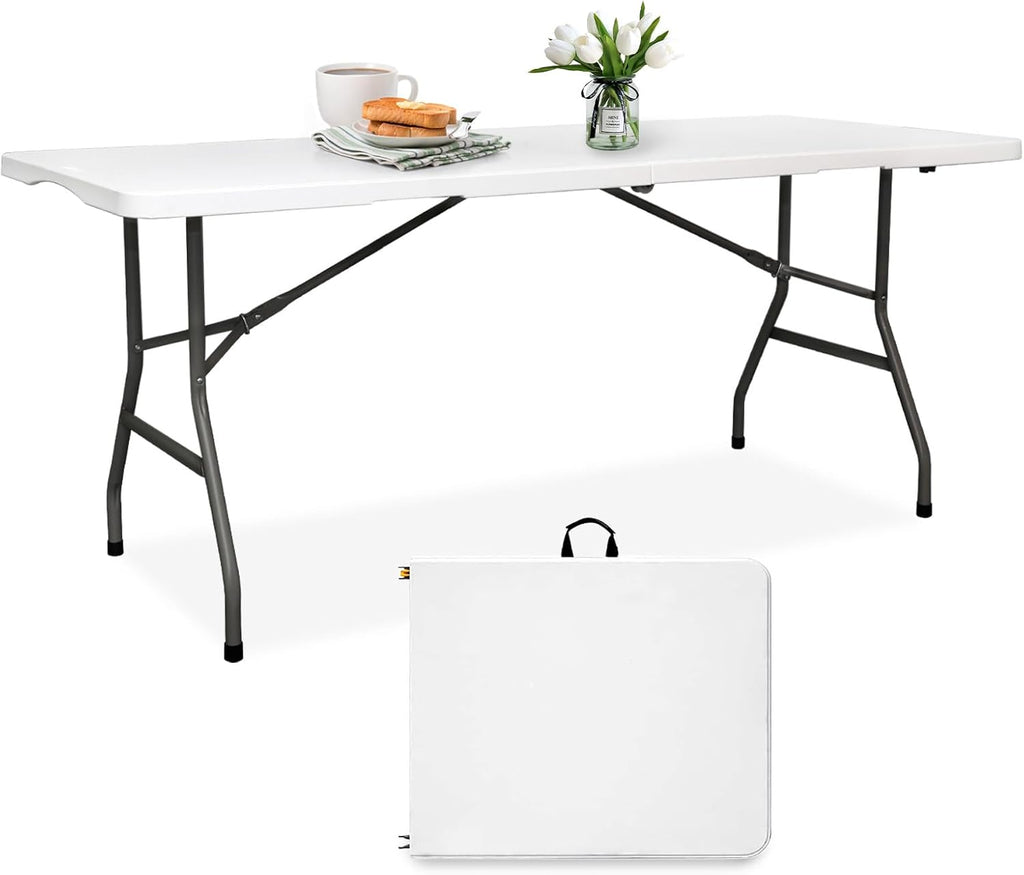 Pollilar 6FT Folding Table - Portable HDPE Banquet Table for Meetings, Picnics, and Events | White