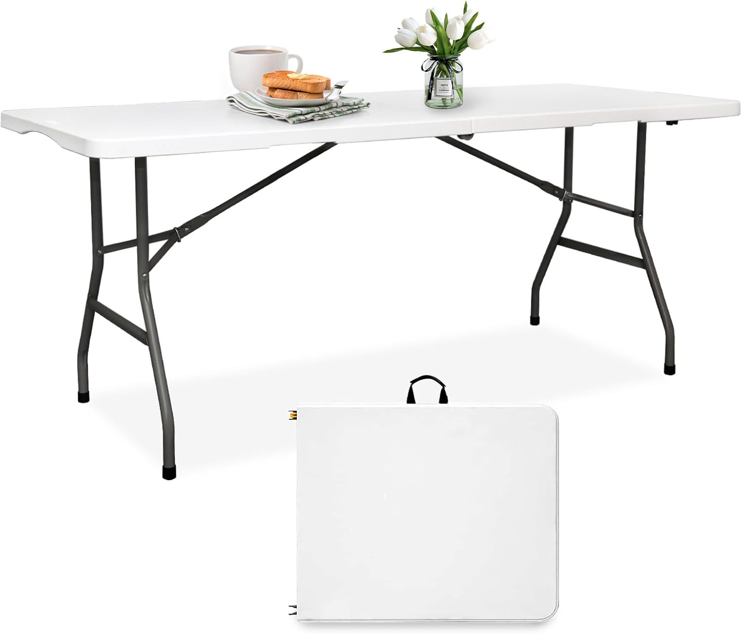Pollilar 6FT Folding Table - Portable HDPE Banquet Table for Meetings, Picnics, and Events | White