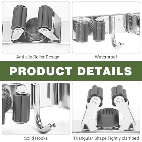 UNIFUN Stainless Steel Broom Holder Wall Mount with 5 Racks & 4 Hooks