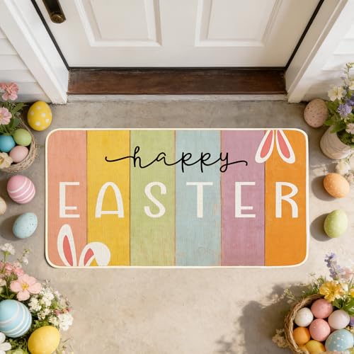 WIBUE Happy Easter Doormat with Rabbit Ears - 17" x 30" Indoor/Outdoor Mat