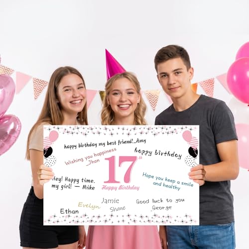 Large 17th Birthday Card - 2009 Themed Pink & Black Signature Guest Book