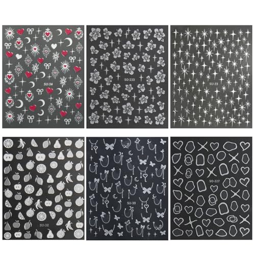 FOXIIU 6 Sheets Silver Nail Art Stickers, 3D Self-Adhesive Moon Star Floral Decals