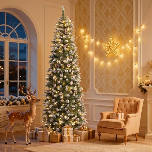 Flocked Green 6ft Artificial Christmas Tree Slim Pre-lit Tree with Snowy Branches, 618 Tips & Remote