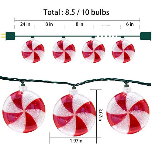 8.5Ft Peppermint Candy String Lights with 10 Incandescent Bulbs - Holiday Decor - Variation of Candy Lights / 11Ft