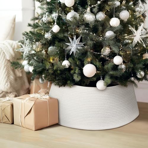 White Christmas Tree Collar 28 Inch Woven Cotton Rope Farmhouse Holiday Decor