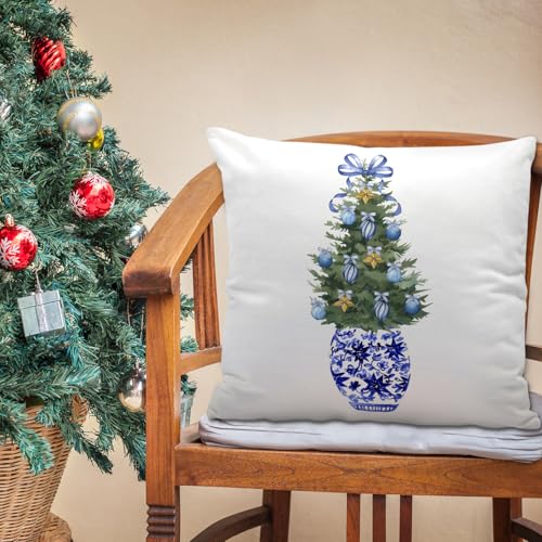 Chinoiserie Christmas Tree Pillow Cover - Blue Flannel 18x18