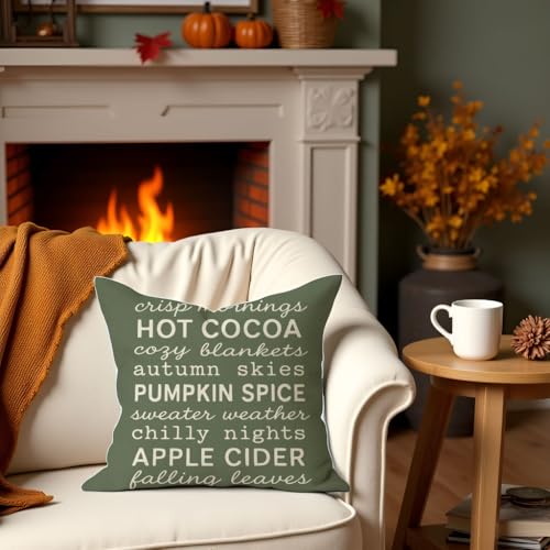 PANDICORN Fall Throw Pillow Cover, Olive Green Autumn Leaves, 18x18 Inch