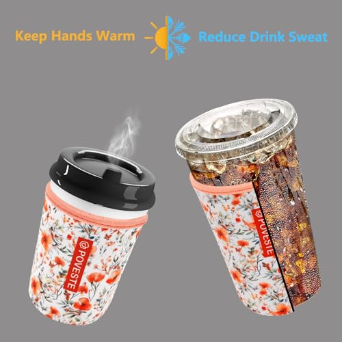 Poveste Reusable Neoprene Iced Coffee Sleeve - Flower Power, Large 32oz