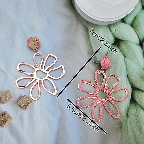 Boho Raffia Floral Dangle Earrings - Colorful Handwoven Jewelry
