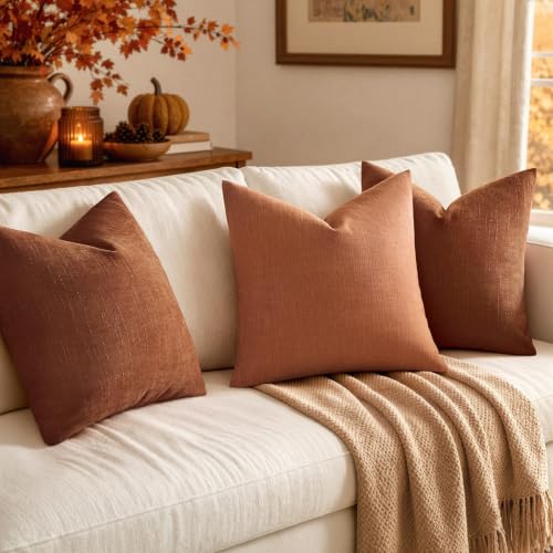 MIULEE 18x18 Inch Rust Linen Burlap Textured Pillow Covers Set of 2 Fall Farmhouse Decor