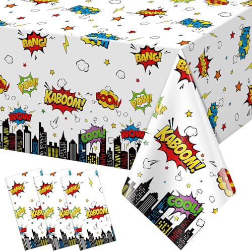 3Pcs Hero Themed Birthday Tablecloths - Cityscape Design, 54x108 Inch