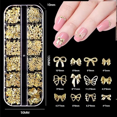 COOSLIM 150PCS Gold & Silver 3D Bow Nail Charms - 12 Styles Mini Alloy Bowknot Gems for Acrylic Nails & DIY Crafts