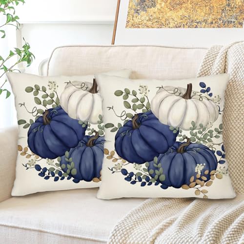 Fall Blue Pumpkin Pillow Covers 16x16 Inch Set of 2 - Farmhouse Decor
