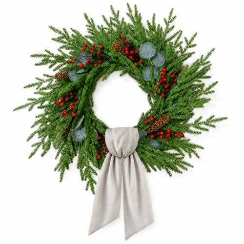 24 Inch Christmas Wreath for Front Door with Decorative Sash - Faux Norfolk Pine Berries & Pinecones - Farmhouse Holiday Decor - Red