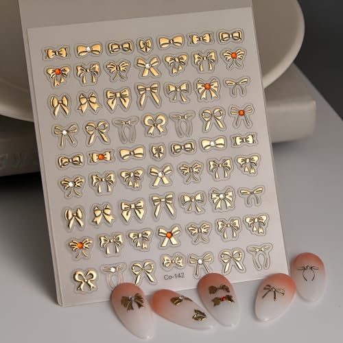 Namrec Gold Bow Nail Stickers 5D Self-Adhesive Rhinestone Decals