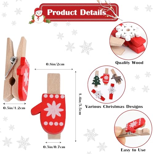 Multicolor Christmas Wood Clips 60pcs Snowflake Reindeer Tree Clothespins Craft Decorations