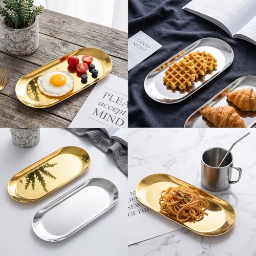 2 Pcs Gold & Silver Decorative Trays - Oval Stainless Steel Organizer