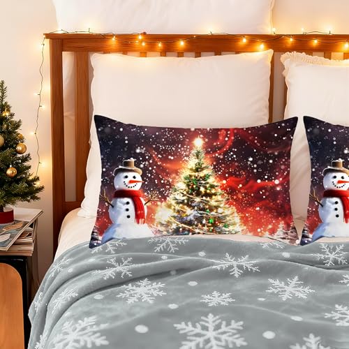 Christmas Satin Pillowcase for Hair and Skin, Snowman Design, Queen Size 20x30 Inch Glitter Tree, Breathable & Soft