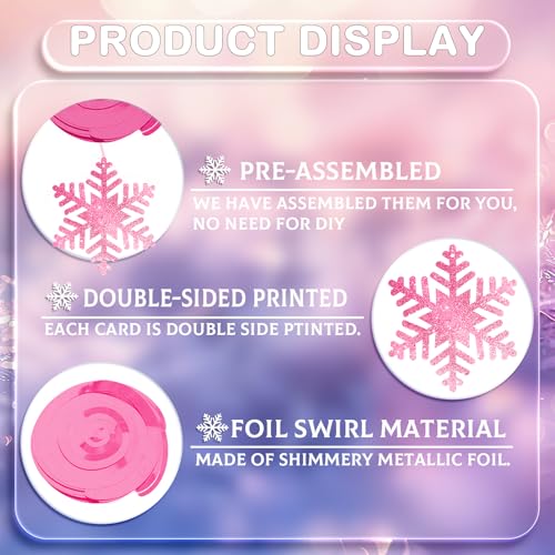 20Pcs Winter Snowflake Hanging Swirl Decorations - Pink Silver Snowflakes for Christmas Winter Wonderland Party - Variation of Snowflake Pink Silver