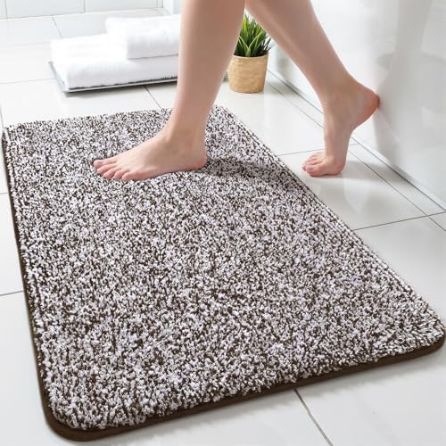 Enqinar Brown and White 17x24 Inch Soft Absorbent Bathroom Rug for Shower Floor