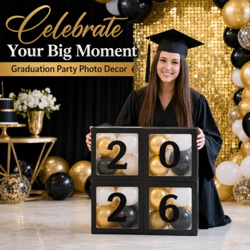 2026 Graduation Balloon Box Set - Black, White & Gold Party Decorations