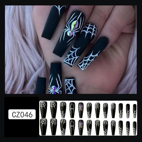 Black Halloween Press on Nails Long Coffin Fake Nails with Spider Web Design 24Pcs