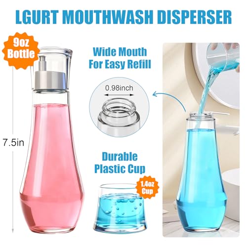 LGURT 9oz Glass Mouthwash Dispenser with Rinse Cup – Refillable Decanter