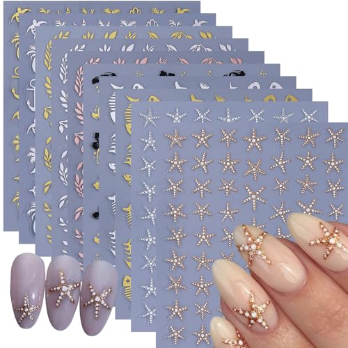 3D Summer Ocean Nail Art Stickers - 10 Sheets Gold & Silver Beach Decals