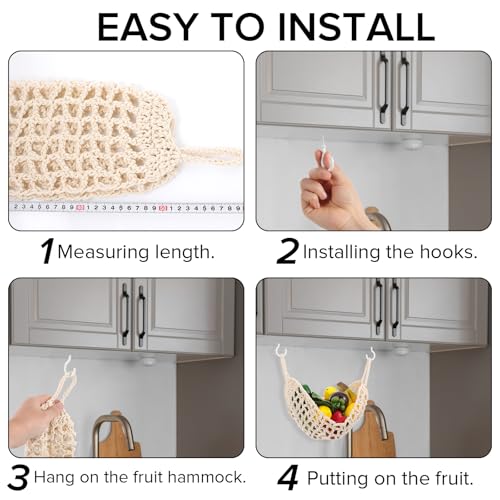 HaiFafafaing Khaki Hanging Fruit Hammock with Hooks – Under Cabinet Macrame Basket for Kitchen Storage