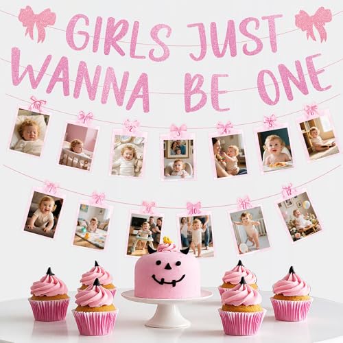 Girls First Birthday Banner & Photo Garland Set for Baby Girl Celebration