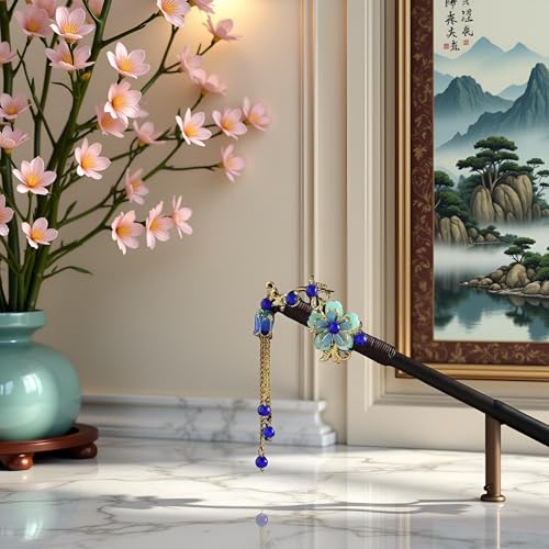 Blue Wooden Hair Stick Vintage Tassel Floral Hairpin for Hanfu
